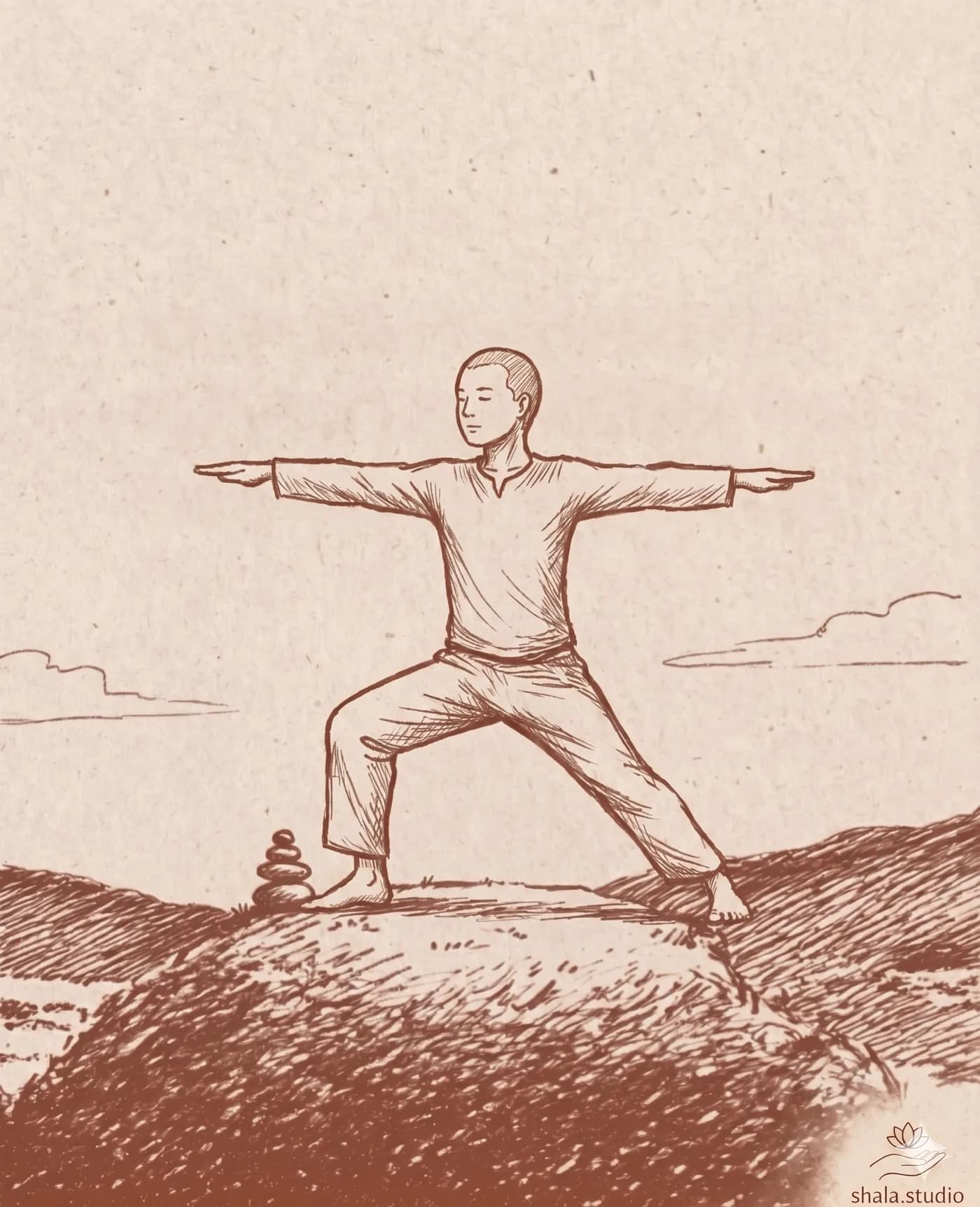 Line illustration of a yoga teacher in warrior pose.