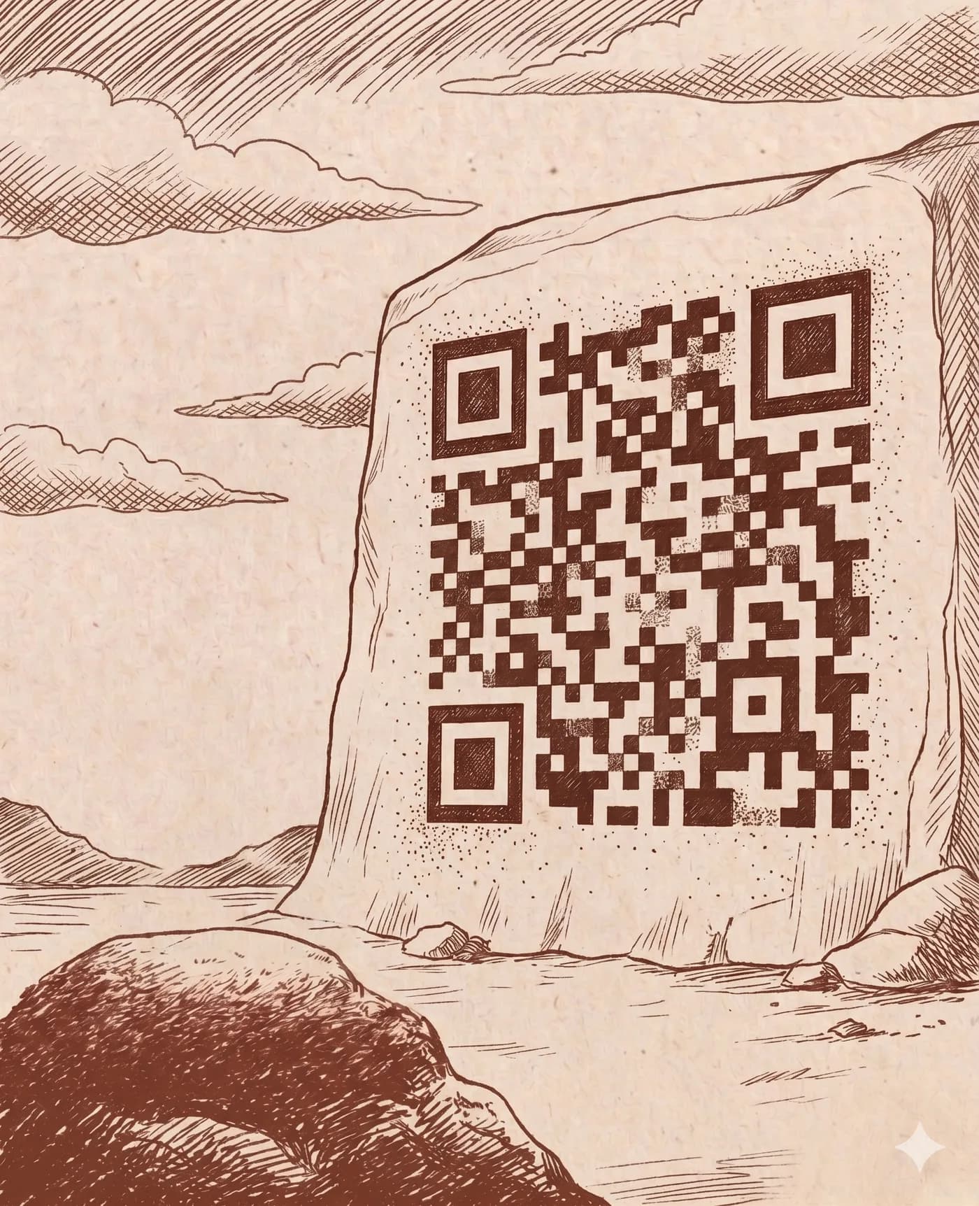 Line illustration of a large QR code on a stone marker.